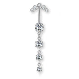 Luna-Silber Titan Bauchnabelpiercing mit vier untereinander hängenden Kristallen – tropfenförmiger Look, glänzend, elegant und hautfreundlich.