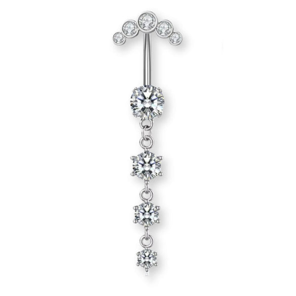 Luna-Silber Titan Bauchnabelpiercing mit vier untereinander hängenden Kristallen – tropfenförmiger Look, glänzend, elegant und hautfreundlich.