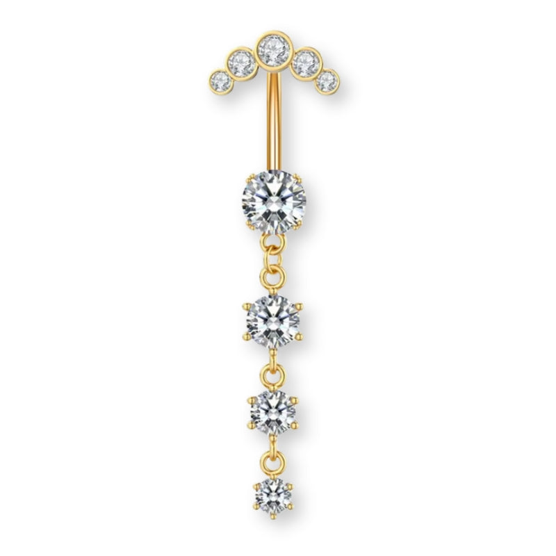 Luna-Gold Titan Bauchnabelpiercing mit vier untereinander hängenden Kristallen – tropfenförmiger Look, glänzend, elegant und hautfreundlich.