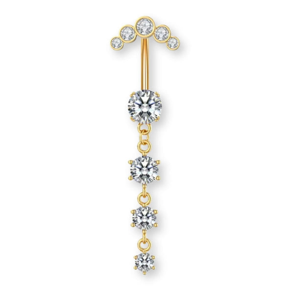 Luna-Gold Titan Bauchnabelpiercing mit vier untereinander hängenden Kristallen – tropfenförmiger Look, glänzend, elegant und hautfreundlich.