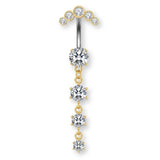 Luna-Gold Titan Bauchnabelpiercing mit vier untereinander hängenden Kristallen – tropfenförmiger Look, glänzend, elegant und hautfreundlich.