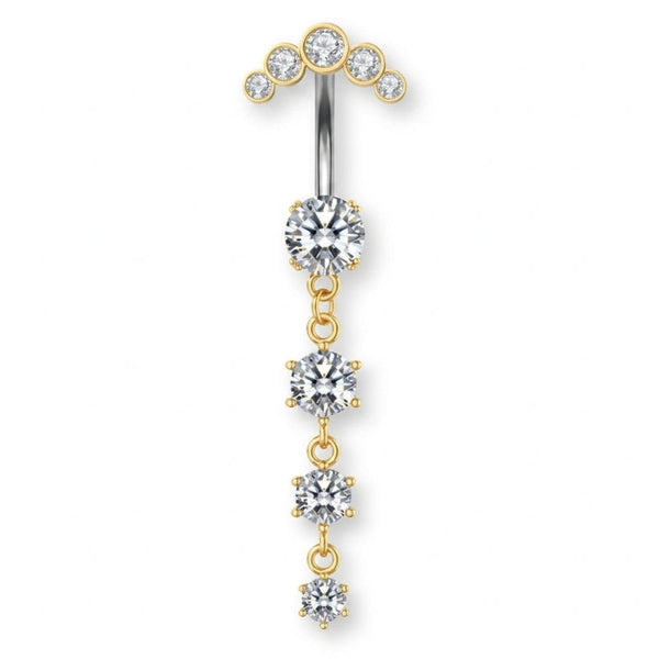 Luna-Gold Titan Bauchnabelpiercing mit vier untereinander hängenden Kristallen – tropfenförmiger Look, glänzend, elegant und hautfreundlich.