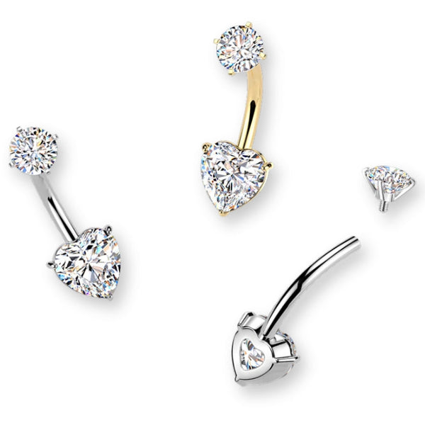 Herz Bauchnabelpiercing aus Titan mit Innengewinde und Zirkonia, Bananabell in Silber oder Gold, eleganter Piercing Schmuck.