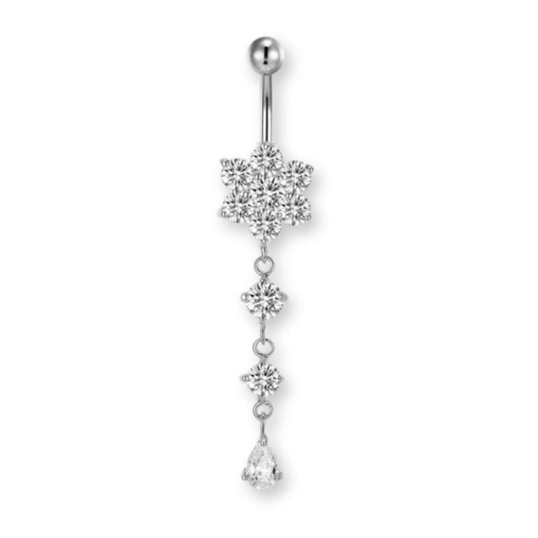Blumen-Bauchnabelpiercing aus Chirurgenstahl 316L in Gold oder Silber – mit großem Kristall-Blumenanhänger, feminin, glänzend und hochwertig.