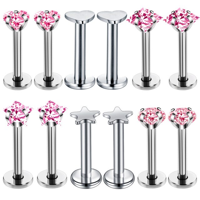 Rosa Piercing-Set aus Chirurgenstahl 316L mit Zirkonia für Helix, Tragus und Labret - FALKENKOENIG SCHMUCK