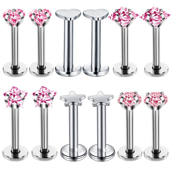 Rosa Piercing-Set aus Chirurgenstahl 316L mit Zirkonia für Helix, Tragus und Labret - FALKENKOENIG SCHMUCK