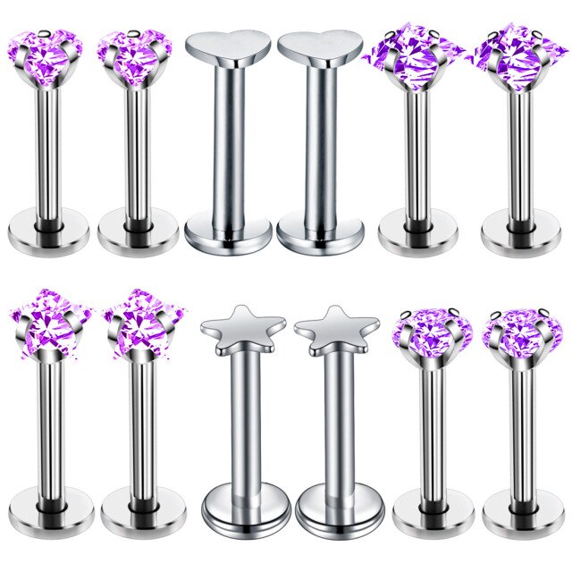 Lila Piercing-Set aus Chirurgenstahl 316L mit Zirkonia für Helix, Tragus und Labret - FALKENKOENIG SCHMUCK