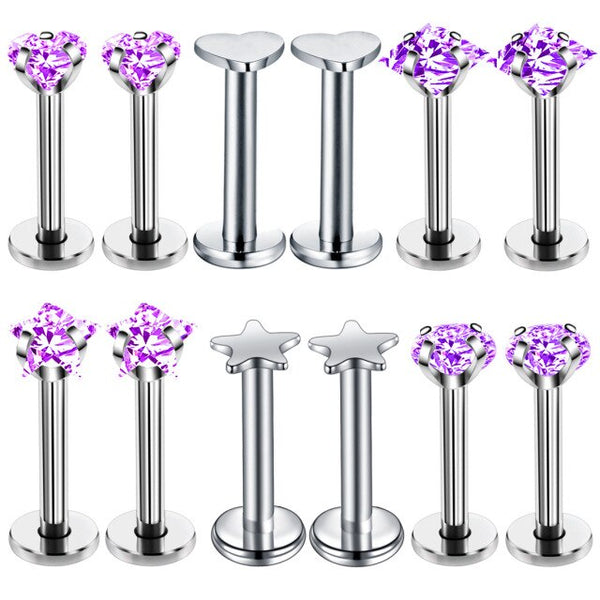 Lila Piercing-Set aus Chirurgenstahl 316L mit Zirkonia für Helix, Tragus und Labret - FALKENKOENIG SCHMUCK