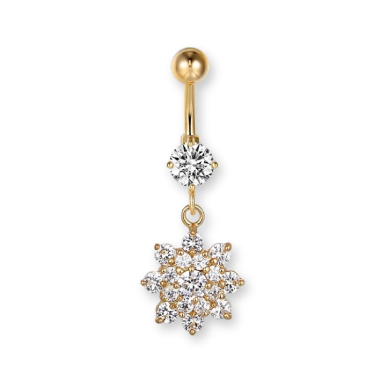Blumen-Bauchnabelpiercing aus Chirurgenstahl 316L in Gold oder Silber – mit großem Kristall-Blumenanhänger, feminin, glänzend und hochwertig.