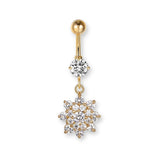Blumen-Bauchnabelpiercing aus Chirurgenstahl 316L in Gold oder Silber – mit großem Kristall-Blumenanhänger, feminin, glänzend und hochwertig.