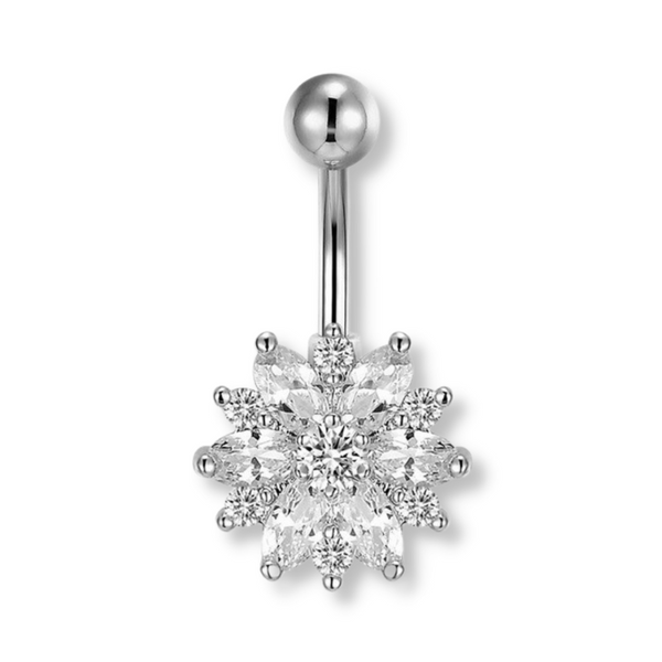 Großer Stern-Bauchnabelpiercing aus silbernem Chirurgenstahl 316L mit vielen klaren Kristallen besetzt – glänzend, hochwertig, himmlisches Design.