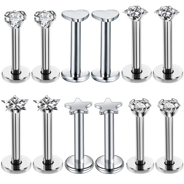 Silber Piercing-Set aus Chirurgenstahl 316L mit Zirkonia für Helix, Tragus und Labret - FALKENKOENIG SCHMUCK