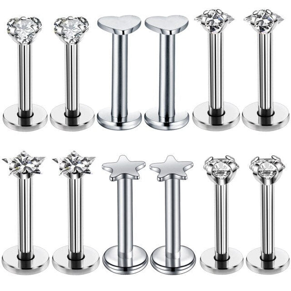 Silber Piercing-Set aus Chirurgenstahl 316L mit Zirkonia für Helix, Tragus und Labret - FALKENKOENIG SCHMUCK