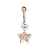 Schmetterling Bauchnabelpiercing aus Titan mit filigranem Anhänger – erhältlich in Silber, Gold oder Roségold, federleicht & elegant.