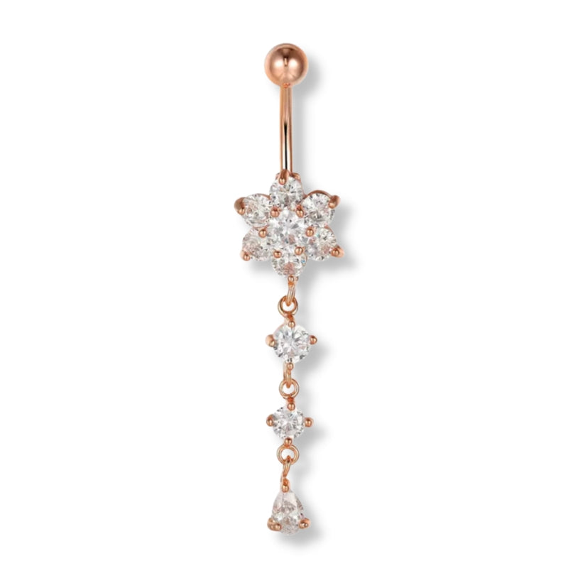 Blumen-Bauchnabelpiercing aus Chirurgenstahl 316L in Gold oder Silber – mit großem Kristall-Blumenanhänger, feminin, glänzend und hochwertig.