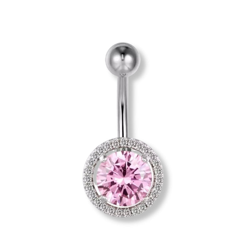 Bauchnabelpiercing aus Chirurgenstahl 316L mit 10 mm großem, rosa Zirkonia-Kristall – rund geschliffen, glänzend und feminin.