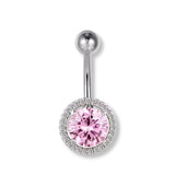 Bauchnabelpiercing aus Chirurgenstahl 316L mit 10 mm großem, rosa Zirkonia-Kristall – rund geschliffen, glänzend und feminin.