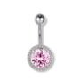 Bauchnabelpiercing aus Chirurgenstahl 316L mit 10 mm großem, rosa Zirkonia-Kristall – rund geschliffen, glänzend und feminin.