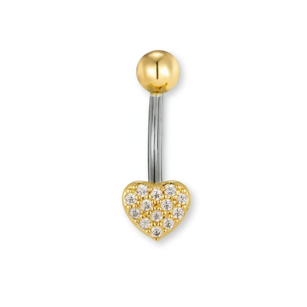 „Herz Bauchnabelpiercing aus Chirurgenstahl 316L mit Zirkonia-Kristallen, in Silber oder Gold, in mehreren Stablängen erhältlich“