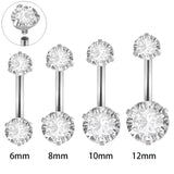 Edelstahl Bauchnabelpiercing mit Innengewinde und Zirkonia Kristallen in Silber oder Gold, erhältlich in verschiedenen Größen.