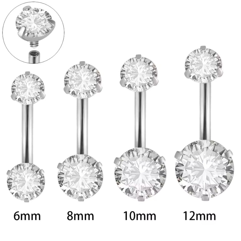 Edelstahl Bauchnabelpiercing mit Innengewinde und Zirkonia Kristallen in Silber oder Gold, erhältlich in verschiedenen Größen.