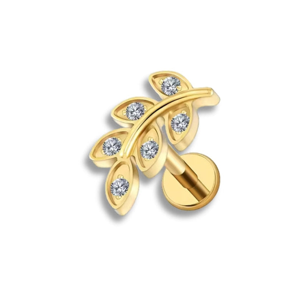 1.2 mm Titan Piercing in Gold mit Blattzweig-Motiv und kleinen Zirkonia – geeignet für Labret, Tragus, Madonna oder Helix.