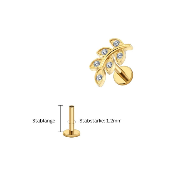 1.2 mm Titan Piercing in Gold mit Blattzweig-Motiv und kleinen Zirkonia – geeignet für Labret, Tragus, Madonna oder Helix.