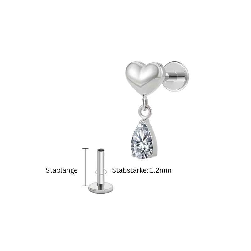 Silberarbenes Titan Piercing 1.2 mm mit Herzdesign und Zirkonia-Tropfen – filigran & geeignet für Tragus, Labret, Helix oder Madonna.