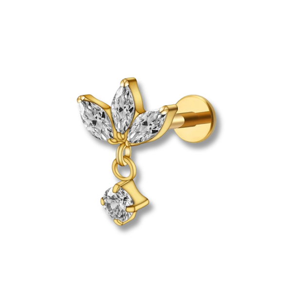1.2 mm Titan Piercing in Gold mit Blattzweig-Motiv und kleinen Zirkonia – geeignet für Labret, Tragus, Madonna oder Helix.
