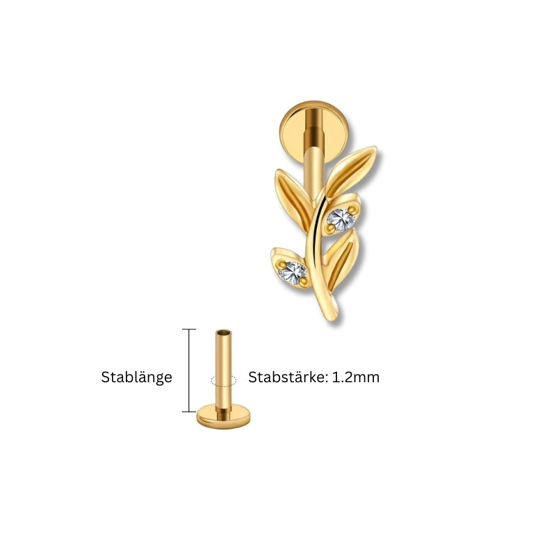 1.2 mm Titan Piercing in Gold mit Blattzweig-Motiv und kleinen Zirkonia – geeignet für Labret, Tragus, Madonna oder Helix.