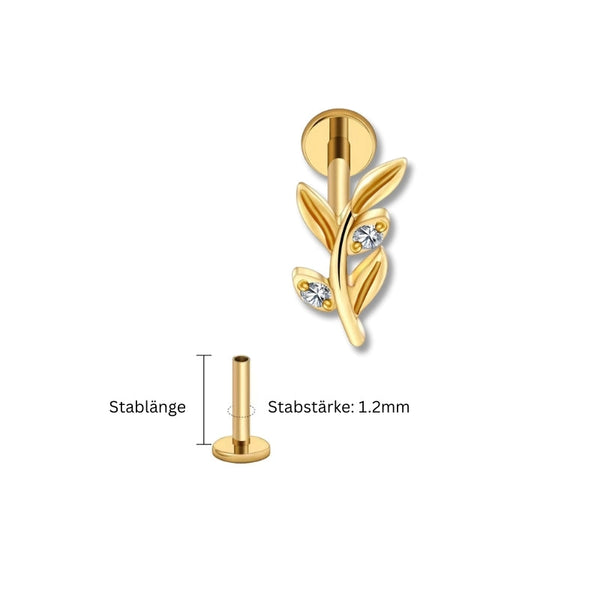 1.2 mm Titan Piercing in Gold mit Blattzweig-Motiv und kleinen Zirkonia – geeignet für Labret, Tragus, Madonna oder Helix.