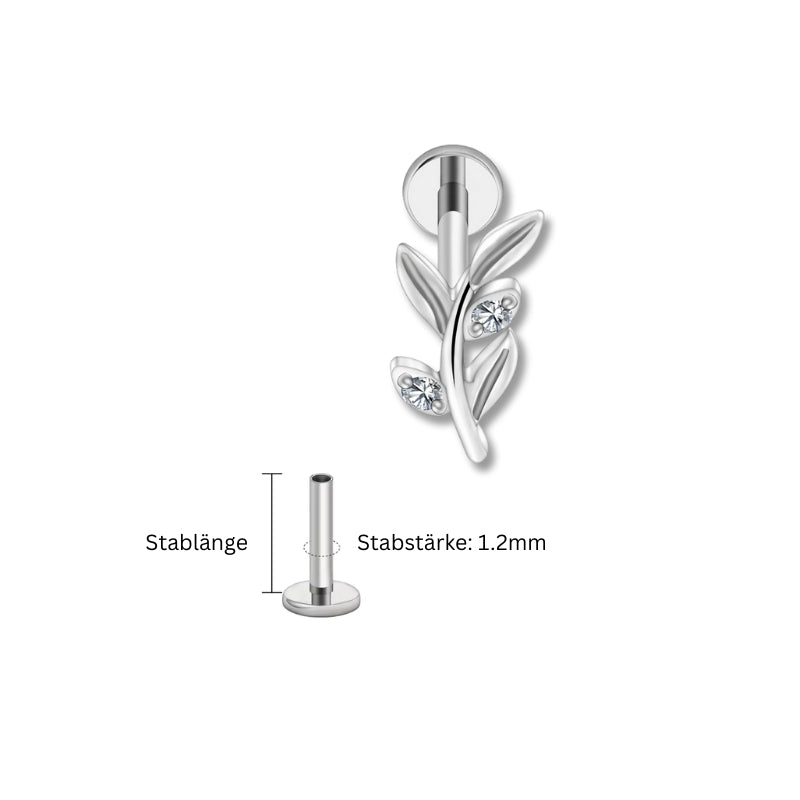 1.2 mm Titan Piercing in Silber mit Blattzweig-Motiv und kleinen Zirkonia – geeignet für Labret, Tragus, Madonna oder Helix.