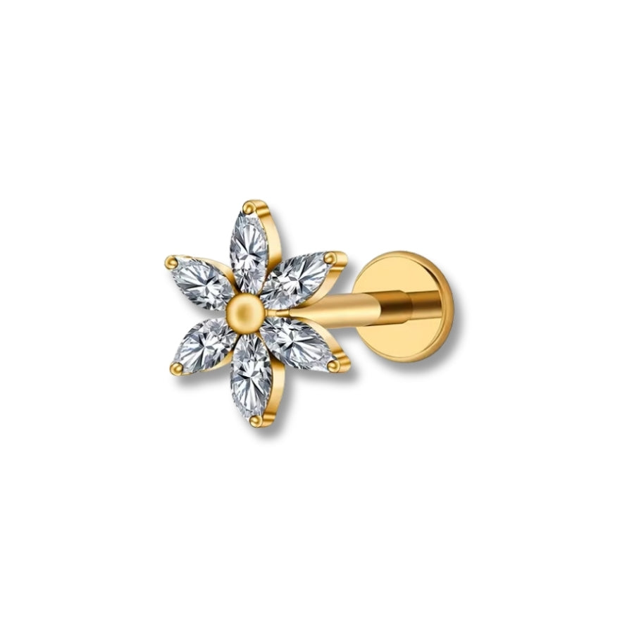 1.2 mm Titan Piercing in Gold mit Blattzweig-Motiv und kleinen Zirkonia – geeignet für Labret, Tragus, Madonna oder Helix.