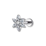 1.2 mm Titan Piercing in Silber mit Blattzweig-Motiv und kleinen Zirkonia – geeignet für Labret, Tragus, Madonna oder Helix.