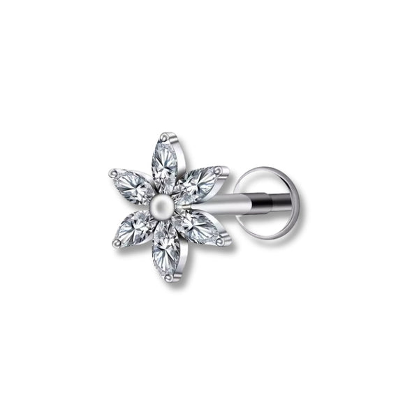 1.2 mm Titan Piercing in Silber mit Blattzweig-Motiv und kleinen Zirkonia – geeignet für Labret, Tragus, Madonna oder Helix.