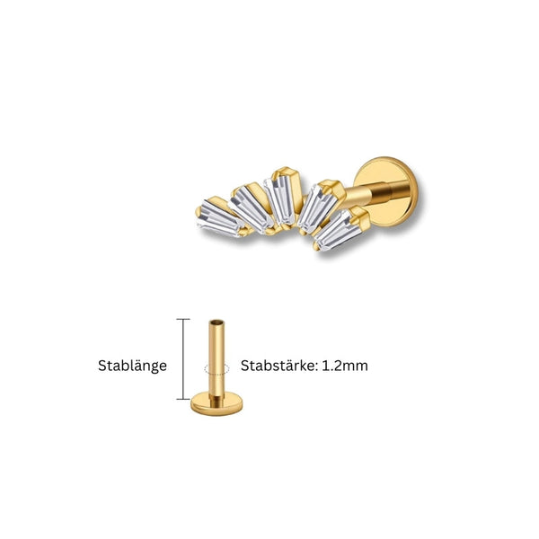 1.2 mm Titan Piercing in Gold mit Blattzweig-Motiv und kleinen Zirkonia – geeignet für Labret, Tragus, Madonna oder Helix.