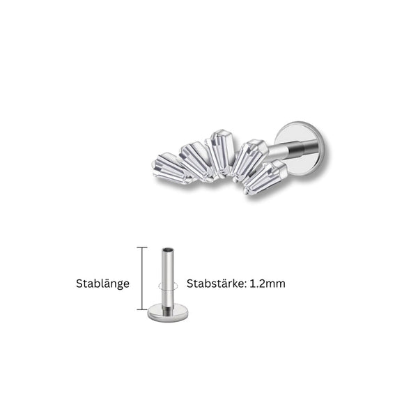 1.2 mm Titan Piercing in Silber mit Blattzweig-Motiv und kleinen Zirkonia – geeignet für Labret, Tragus, Madonna oder Helix.