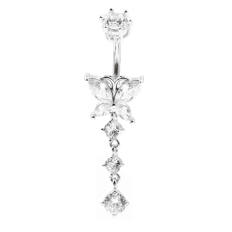 Bauchnabelpiercing aus echtem 925er Sterlingsilber mit Schmetterlingsform oben und drei weißen Zirkonia-Steinen als Anhänger unten. Farbe: Silber. Hochwertiges Schmuckstück für den Bauchnabel.