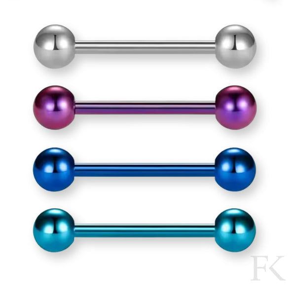 Zungenpiercing-Set aus Titan mit vier Farben – Silber, Lila, Topas und Saphir-Blau – auf weißem Hintergrund, hochwertig & vielseitig kombinierbar.