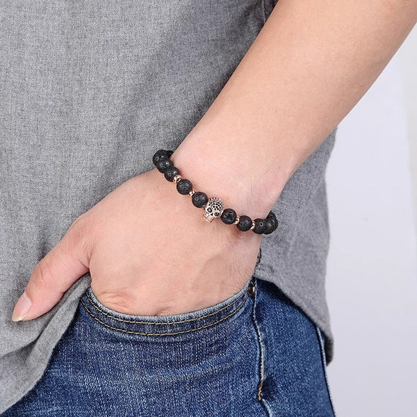 Lavastein Perlen Armband mit Totenkopf Gold - FALKENKOENIG SCHMUCK & Piercing Online Shop