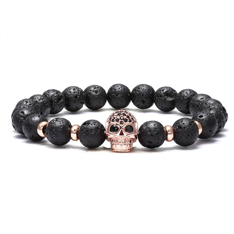 Lavastein Perlen Armband mit Totenkopf Rose Gold - FALKENKOENIG SCHMUCK & Piercing Online Shop