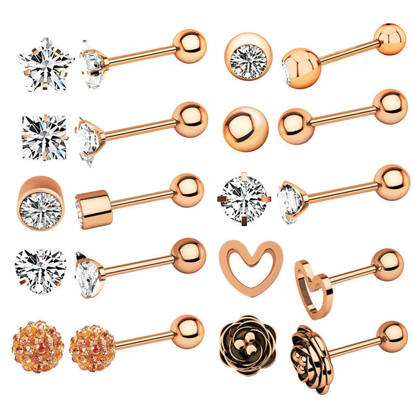 10er Piercing-Set Rosé aus Chirurgenstahl 316L mit Zirkonia in Roségold, Schwarz und Silber - FALKENKOENIG SCHMUCK