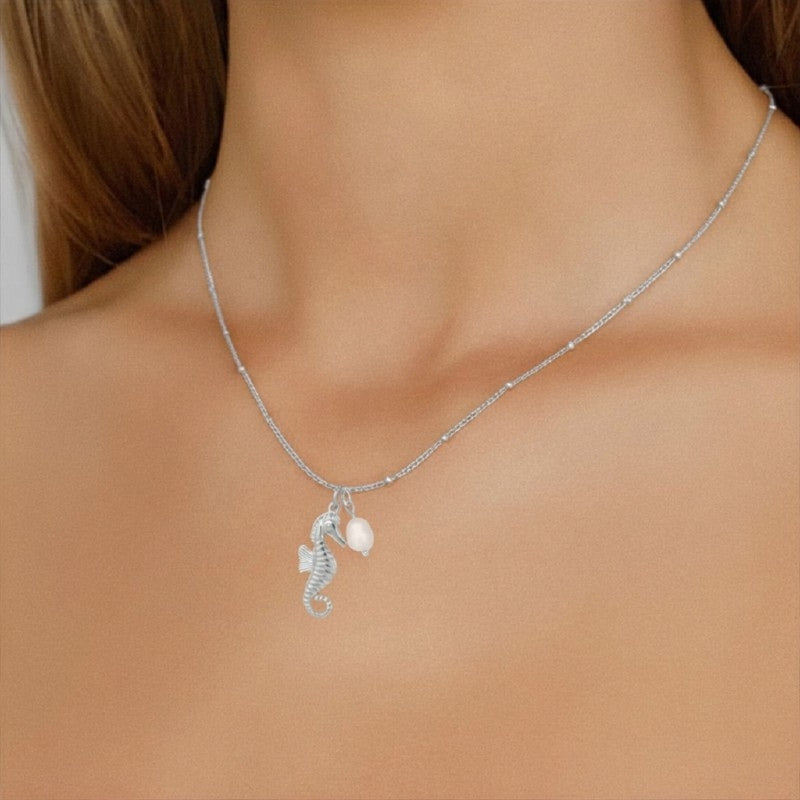 Seepferdchen mit Perle Halskette - 316L Edelstahl