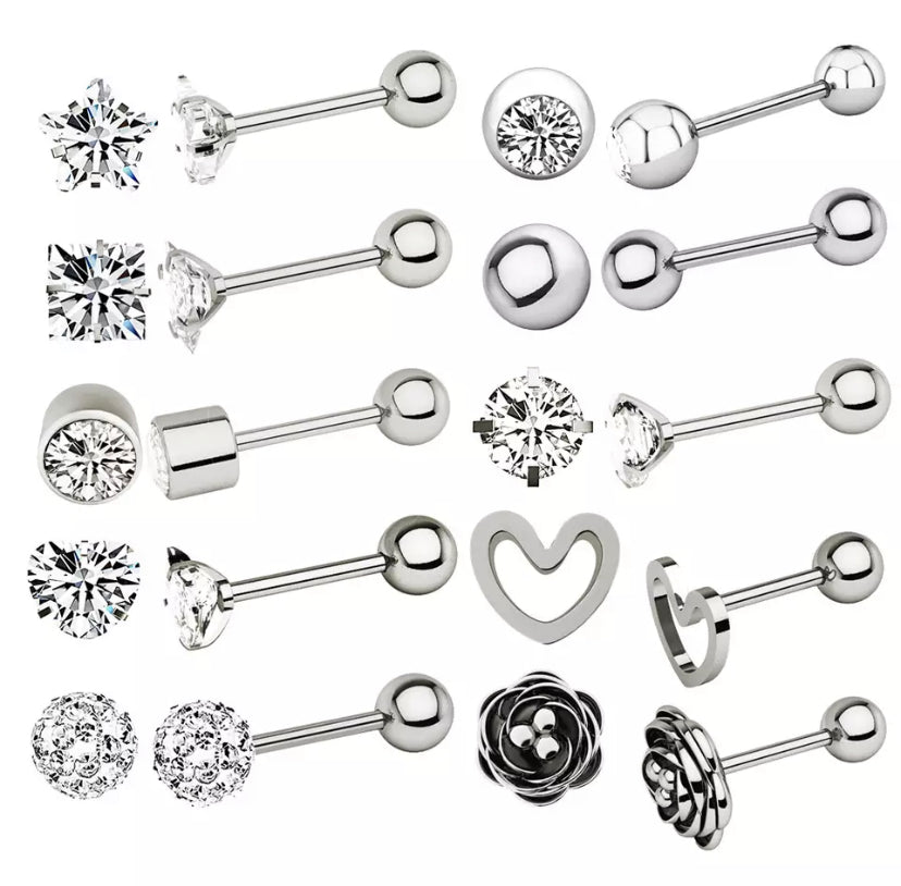 10er Piercing-Set Silber aus Chirurgenstahl 316L mit Zirkonia in Roségold, Schwarz und Silber - FALKENKOENIG SCHMUCK