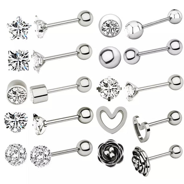 10er Piercing-Set Silber aus Chirurgenstahl 316L mit Zirkonia in Roségold, Schwarz und Silber - FALKENKOENIG SCHMUCK