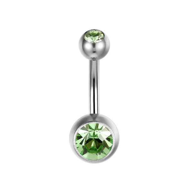 Bauchnabelpiercing aus Titan mit grünen Zirkonia Kristallen von Falkenkoenig Schmuck. Dieses Bauchnabelpiercing ist erhältlich mit der Stablänge 12mm, 10mm und 8mm.